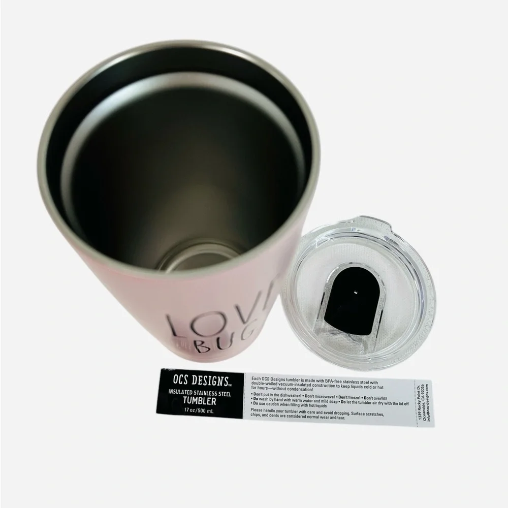 Rae Dunn Love Bug Pink Tumbler w/Lid TM075 BPA-Free Stainless Steel 17oz/500 ml